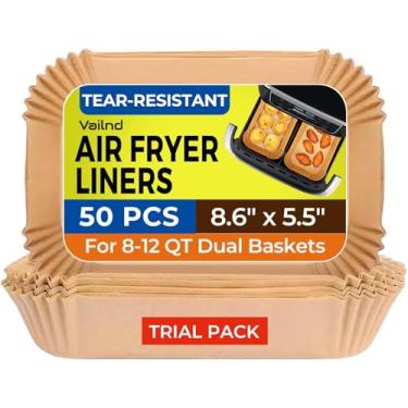 Imagem de Vailnd Forro de papel descartável para fritadeira a ar – 50 peças, folhas de papel de pergaminho retangular de 21 x 14 cm, papel de cozimento de grau alimentício para fritadeira a ar de cesta dupla, à
