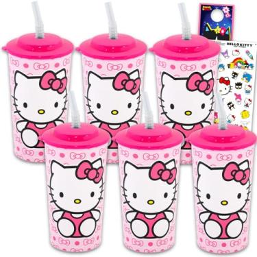 Imagem de Hello Kitty Copos reutilizáveis para crianças de 473 ml - Pacote de 6 peças de lembrancinha de festa Sanrio com copo de 473 ml com tampa e canudo mais adesivos para meninos, meninas | Copo Hello Kitty
