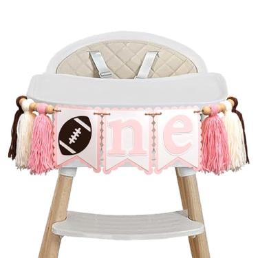 Imagem de Eurteka Faixa de cadeira alta de futebol rosa - Faixa de cadeira alta para festa de primeiro aniversário de primeiro ano, decoração de festa de primeiro aniversário com tema de futebol (faixa de
