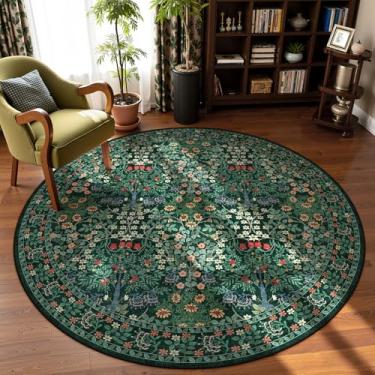 Imagem de Tapete redondo de 2,5 m - Tapete floral vintage lavável de pelo baixo antiderrapante para sala de estar, quarto, sala de jantar, escritório (verde escuro)