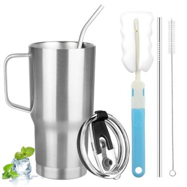 Imagem de GUDEMAO Copo de 590 ml com alça, copo isolado de aço inoxidável com tampa e canudo, caneca de café a vácuo de parede dupla, copo térmico de café isolado para frio e quente (prata)