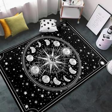 Imagem de Tapete Sol e Lua – Tapete Celestial Boho – Constelações Preto e Branco Carpetes do Zodíaco Tapetes Solares Estrelas Tapetes Góticos para Quarto, Sala de Estar, Sala de Jantar, 9,5 cm x 1,5 m