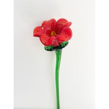 Imagem de YISSEN RISEON Hand-Blown Murano Glass Long Stem Red Rose Figurine Art Glass Rose Flower Sculpture Collectible Floral Ornament Gift for Mom and Home Decor (Red F)