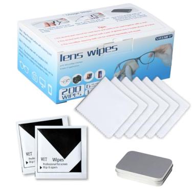 Imagem de 200 lenços de lente para óculos pré-umedecidos e 6 peças de panos de óculos, lenços de limpeza de lentes de óculos, lenços de limpeza de óculos embalados individualmente sem riscos para óculos de sol