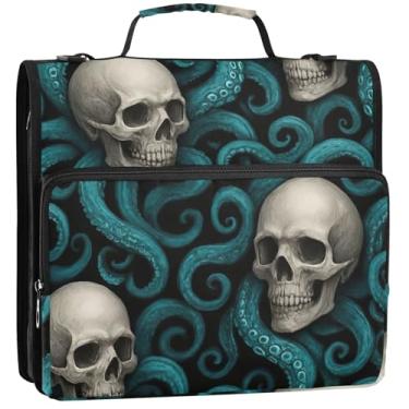 Imagem de Skulls Fichário branco cinza turquesa 3 anéis resistente com zíper organizador de fichário com alça para armazenamento de documentos escolares pasta portfólio com alça, 34,5 x 31,5 x 8,9 cm