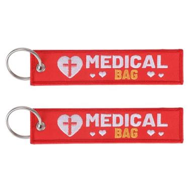 Imagem de 2 etiquetas de saco de alerta médico, etiqueta dupla face de suprimentos de bagagem de equipamento médico reutilizável durável chaveiro para mochila e bagagem