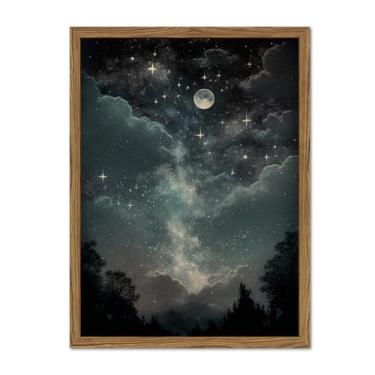 Imagem de Dark Academia Moon Wall Art Cottagecore Star Celestial Wall Decor Painting Moody Whimsical Night Landscape Artwork 3D Texture Hand Drawn Sandstone for Bedrooom Living Room 40.6x61.0 cm Moldura de