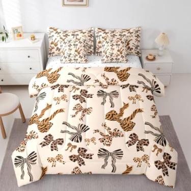 Imagem de jejeloiu Conjunto de edredom solteiro com laço e laço para crianças, meninos e meninas, leopardo, 7 peças, microfibra leve e macia