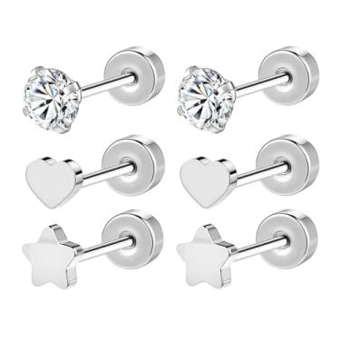 Imagem de Aoedej G23 Brincos de titânio com costas planas hipoalergênicos CZ coração estrelas bola cartilagem brincos para mulheres homens Helix Tragus Conch Helix Helix Helix piercing joia presente, 0.8*6mm