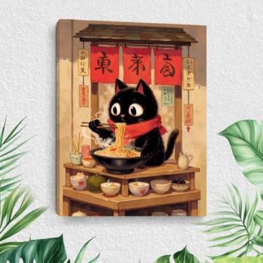 Imagem de Arte de parede em tela vintage japonesa comendo macarrão ramen, pinturas de arte emolduradas estéticas de gato, decoração de parede para amantes de gatos, imagem para cozinha, sala de estar, sala de