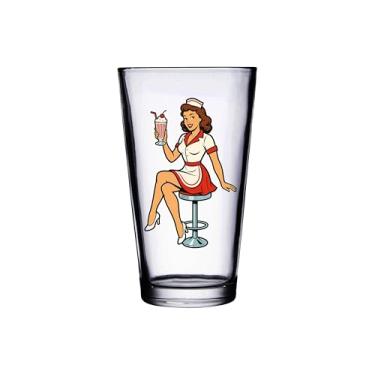 Imagem de Hat Shark Copo de cerveja sexy Pin-Up Girl Lady, vidro transparente, 473 ml, 100% seguro para lava-louças, tema retrô vintage (garçonete sexy de sorveteria pin-up)