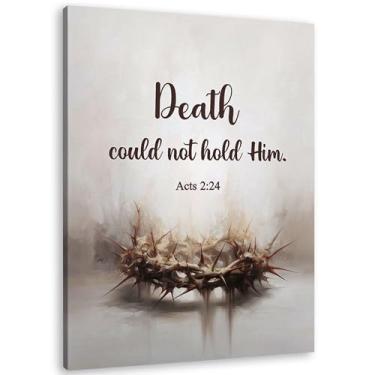 Imagem de TLESKE Decoração de parede de coroa de espinhos de Jesus Cristão 28 x 35 cm, verso religioso da Bíblia da Páscoa, impressão de arte de parede em tela para quarto, sala de estar, Death Could Not Hold
