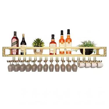 Imagem de Rack de vinho de parede industrial, prateleira de garrafa de vinho de metal com suporte de vidro, rack organizador rack de exibição de armazenamento de vinho para bar cozinha sala de estar (cor: ouro