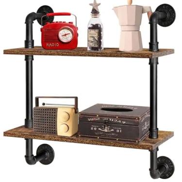 Imagem de Prateleiras flutuantes industriais retrô para exibição de parede, prateleira de barra de café com escada de 2/3 camadas com suporte de metal, prateleira de armazenamento de artigos diversos para