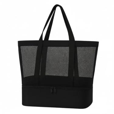 Imagem de Bolsa de Praia Feminina com Rede Ventilada Compartimento Térmico Isolado Com Zíper Prática e Versátil (Preta)