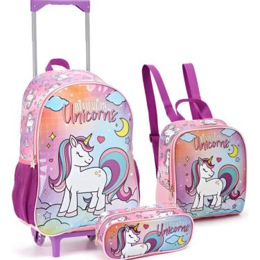 Imagem de Kit Mochila Rodinha Lancheira Estojo Menina Feminina Escolar Infantil Unicornio Believe Seanite