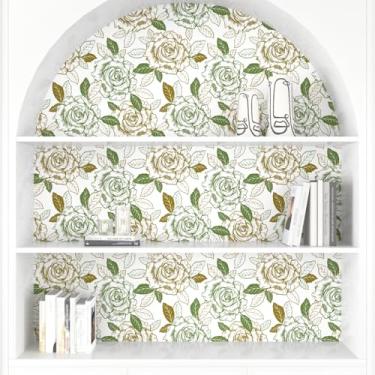 Imagem de EPPKILY Papel de parede rosa descascar e colar ouro/verde rosa flor papel de parede vintage floral grande papel de parede boho autoadesivo de contato para paredes de quarto decoração de casa 44,5 cm x