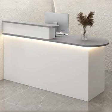 Imagem de Mesa de recepção branca moderna com luz LED e bandeja de teclado - balcão frontal com gaveta e armário para loja de varejo (130 x 55 x 100 cm)