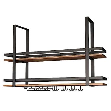 Imagem de Rack de vinho suspenso no teto com suporte e prateleira de vidro, prateleiras flutuantes de bar industrial, prateleira de garrafa de vinho de madeira de 2 camadas, para decoração de casa de bar (cor