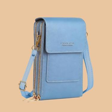 Imagem de Carteira feminina pequena transversal com tela sensível ao toque para celular, carteira com bloqueio de RFID, alça de ombro, Azul, Bolsas transversais
