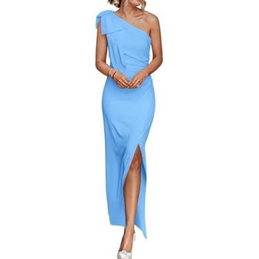 Imagem de Vestido PRETTYGARDEN Ombro Único Sem Mangas Franzido Azul Céu M