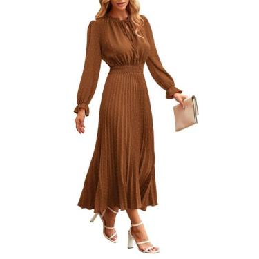 Imagem de Vestido PRETTYGARDEN 2025 Midi Manga Longa Plissado Marrom P