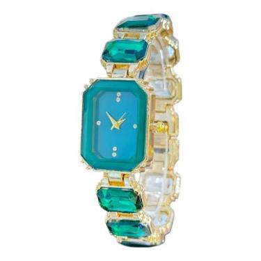 Imagem de Relógio Feminino Dourado Luxo Analógico Pedras Quartzo - Zuriew, Verde