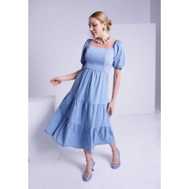 Imagem de Vestido Jeans Midi Chá Manga Curta Bufante LUNENDER 20999, Jeans, M