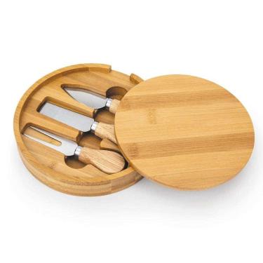 Imagem de Conjunto para Queijo Euro Home Tábua de Bambu com Compartimento e Utensílios Aço Inox 4 Peças Natural