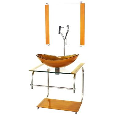 Imagem de GABINETE DE VIDRO CUBA OVAL 40CM INOX DOURADO REAL COM TORNEIRA CROMADA