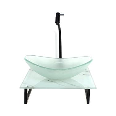 Imagem de KIT CUBA DE VIDRO OVAL 10MM JATEADA COM TAMPO DE VIDRO 40CM X 40CM MÁRMORE BRANCO E SUPORTE PRETO