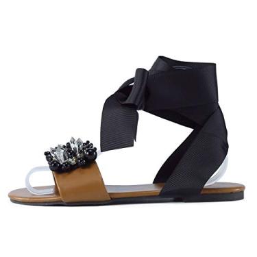 Imagem de Sandália feminina Slide feminina laço pérola sandálias planas estilo boêmio moda confortável casual cor sólida xadrez (preto, 9)