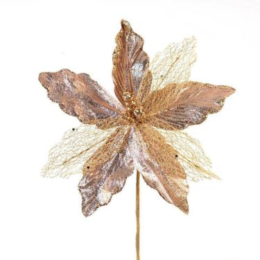 Imagem de Flor Artificial Arranjo Decoração Natal Brilho Rosa 29cm