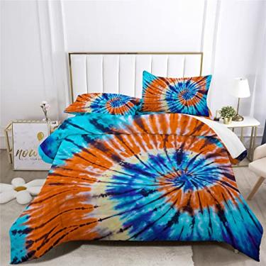 Imagem de Jogo de cama com estampa tie-dye Boho Tie-Dye para cama em um saco, 7 peças, padrão de redemoinho colorido, incluindo 1 lençol com elástico + 1 edredom + 4 fronhas + 1 lençol de cima (B, cama de casal