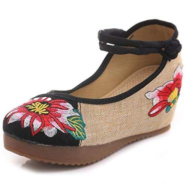 Imagem de Qianmome Chinês Old Pequim feminino multicolorido bordado Mary Jane Wedges sandálias sapatos, Preto, 35