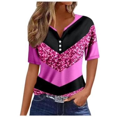 Imagem de Blusas femininas de verão 2024 da moda manga curta com estampa brilhante patchwork casual camisas com botão Henley gola V túnica blusas, Rosa choque, M