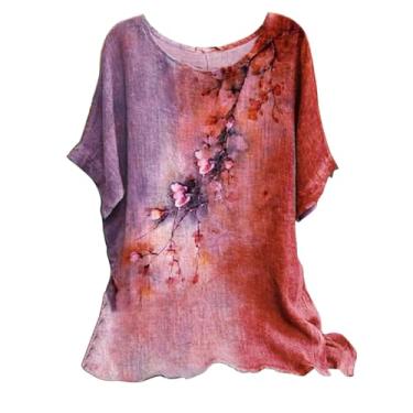 Imagem de Camisetas femininas de linho para o verão, estampadas, manga curta, gola redonda, túnica básica, casual, solta, moderna, Vermelho, P