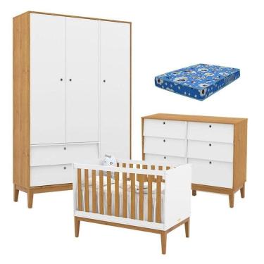 Imagem de Quarto de Bebe Unique 3 Portas com Cômoda 6 Gavetas Branco Soft Freijó Eco Wood e Colchão Ortobom - Matic