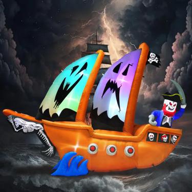 Imagem de inslife Navio pirata de Halloween de 3 m, inflável com decoração de pirata, decoração de Halloween, navio pirata inflável ao ar livre, 5 LEDs e 4 luzes RGB para decoração de pirata de Halloween ao ar
