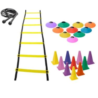 Imagem de Kit Treino Agilidade 10 Cones 10 Pratos 1 Escada com 7 Degraus 1 Corda de Pular
