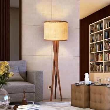 Imagem de Luminaria De Chao Abajur Pes De Madeira Tripe Cupula Palha Indiana Sintetica Luxo