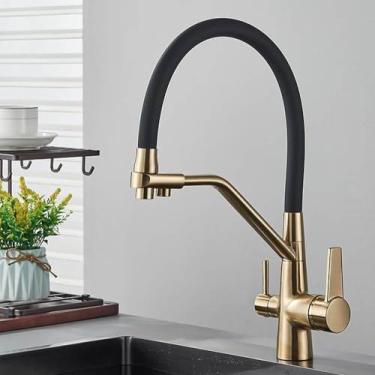 Imagem de Torneiras de cozinha filtradas Torneira de cozinha de purificação Torneira de cozinha com filtro de água giratória 360 para cozinha Torneiras de cozinha de três vias Torneira, A Ouro escovado