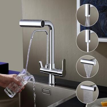 Imagem de KINKIB Torneira de cozinha 3 em 1 com torneira de água potável, torneira de cozinha com torneira de filtro de água, torneira de cozinha de arco alto de furo único de alça dupla com pulverizador de 4