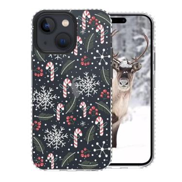 Imagem de FOQENCCI Capa de Natal para iPhone 15 Plus, capa de telefone de inverno para iPhone 14 Plus com estampa de guirlanda de bengala doce de Natal TPU macio + proteção da moldura da câmera preta