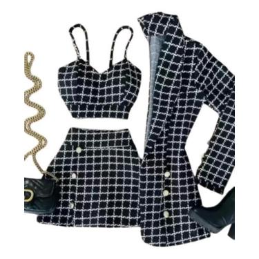 Imagem de Conjunto 3 Peças Blazer Short Saia Cropped Xadrez Premium - J & R , Pr