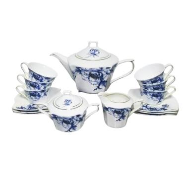 Imagem de Porlien Conjunto de chá floral azul de 17 peças para 6, xícaras de chá e pires com bule de chá, jarra de leite e açucareiro