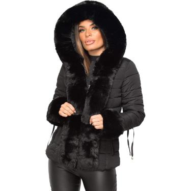 Imagem de Casaco feminino acolchoado acolchoado com cinto de pele e capuz, preto, 14