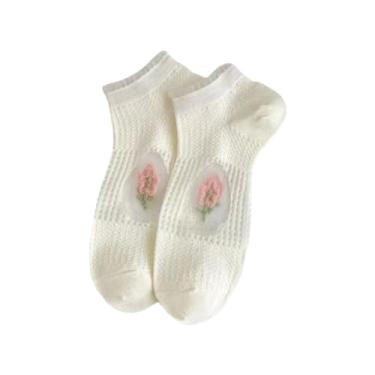 Imagem de 2 pares - Meias femininas primavera/verão edição coreana finas curtas japonesas doce floral corte baixo feminino meias curtas - flor