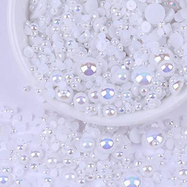 Imagem de Pérolas planas para artesanato, 50 g branco AB meia pérola para artesanato, tamanho misto 3/4/5/6/8/10 mm contas de pérolas meia redonda plana para artesanato copos sapatos copos projetos arte de unhas rosto