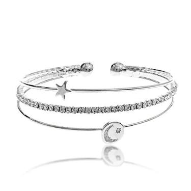 Imagem de Pulseiras NTLX CZ Braceletes para mulheres – Pulseira de zircônia cúbica – CZ e strass 3 linhas Pulseira de fio de memória – Prata, ouro, banhado a ouro rosa – Design de lua e estrela – com caixa de presente incluída – Ótimo presente